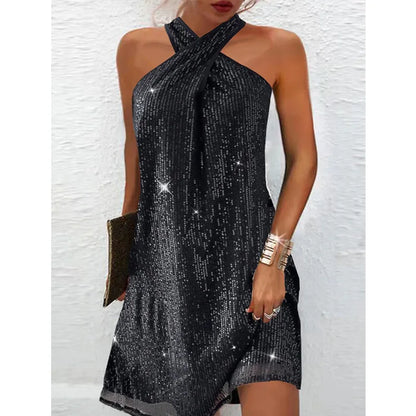 🍒Halter strapless dress sparkly women's clothes strapless sequin  mini outfit sleeveless party wear occasion wear clubbing wear Slip On A-Sensual Slippy Slip