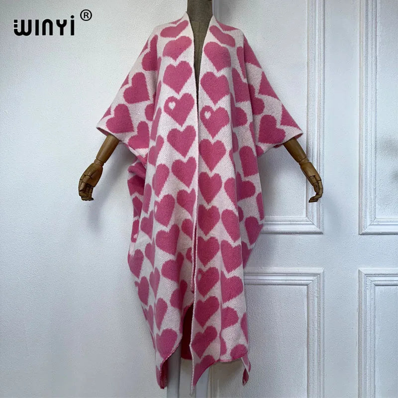🍒 Heart print cardigan womens knitwear kimono fashion autumn winter smart casual wear party coat thick warm womens holiday coat women Warm Hearted