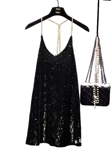 🍒Party dress with metal straps for womens sequin outfit with hanging neck back chain Long Render In backless sleeveless dress nightclub party occasion wear You Will Be Melted When You Get This Molton