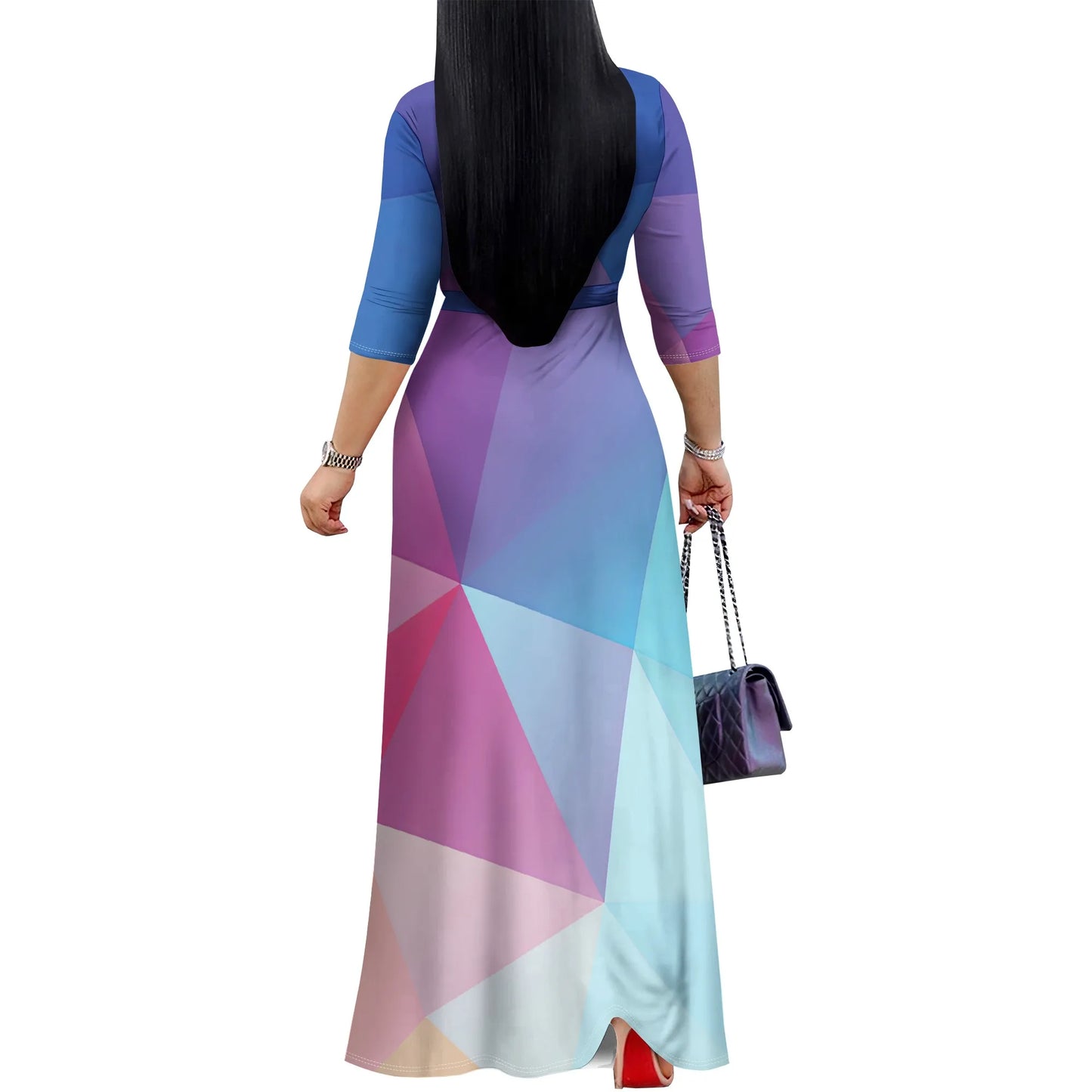 🍒Women's geo print maxi dress for beach party outfit with v- neckline tie waist and pockets casual 3 /4 Sleeve V-Neck Wrap tie waist long dress Trusty Toss-on Triangles