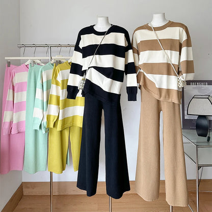 🍒Summer two-piece sets women’s contrast Colour striped top o-neck long sleeve plus casual high waist wide leg pants Suit Yourself With Stripes