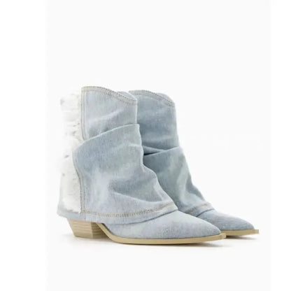🍒Pointy toe ankle boots blue denim canvas shoes casual cloth booties for women comfortable western boots Cool Cowboy