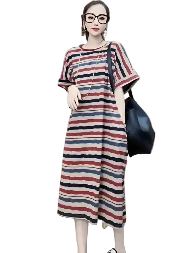 🍒Striped t-shirt dress A- line knee length outfit plus size slimming clothes for plus size women spring summer fashion   Stripe A- Pose