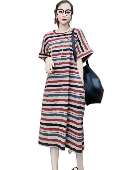 🍒Striped t-shirt dress A- line knee length outfit plus size slimming clothes for plus size women spring summer fashion   Stripe A- Pose