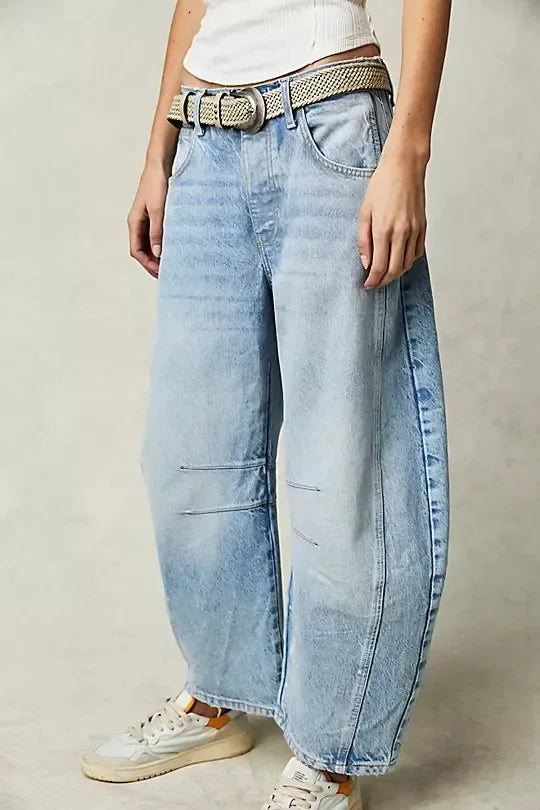 🍒Loose mid waist Jeans bleached denim style full length pants fashion solid colour trousers with pockets casual wear for women Barrels Of Style