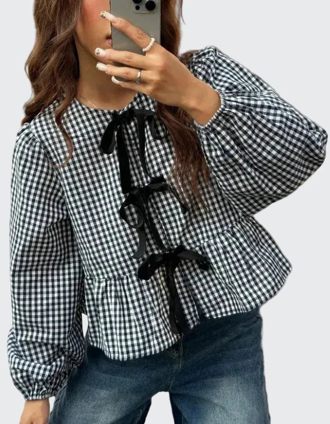 🍒Shirt Women casual blouses spring jacket printed check blouse with bows in front round collar puff sleeve overshirt sweet smart casual female clothes spring Summer wear  Bring Some BOW Beauty And CHECK The Compliments