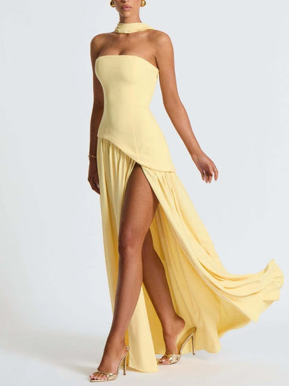 🍒Strapless high slit dress sleeveless design backless long summer dress black and white outfit women contrast evening wear party gowns Smashing Slash