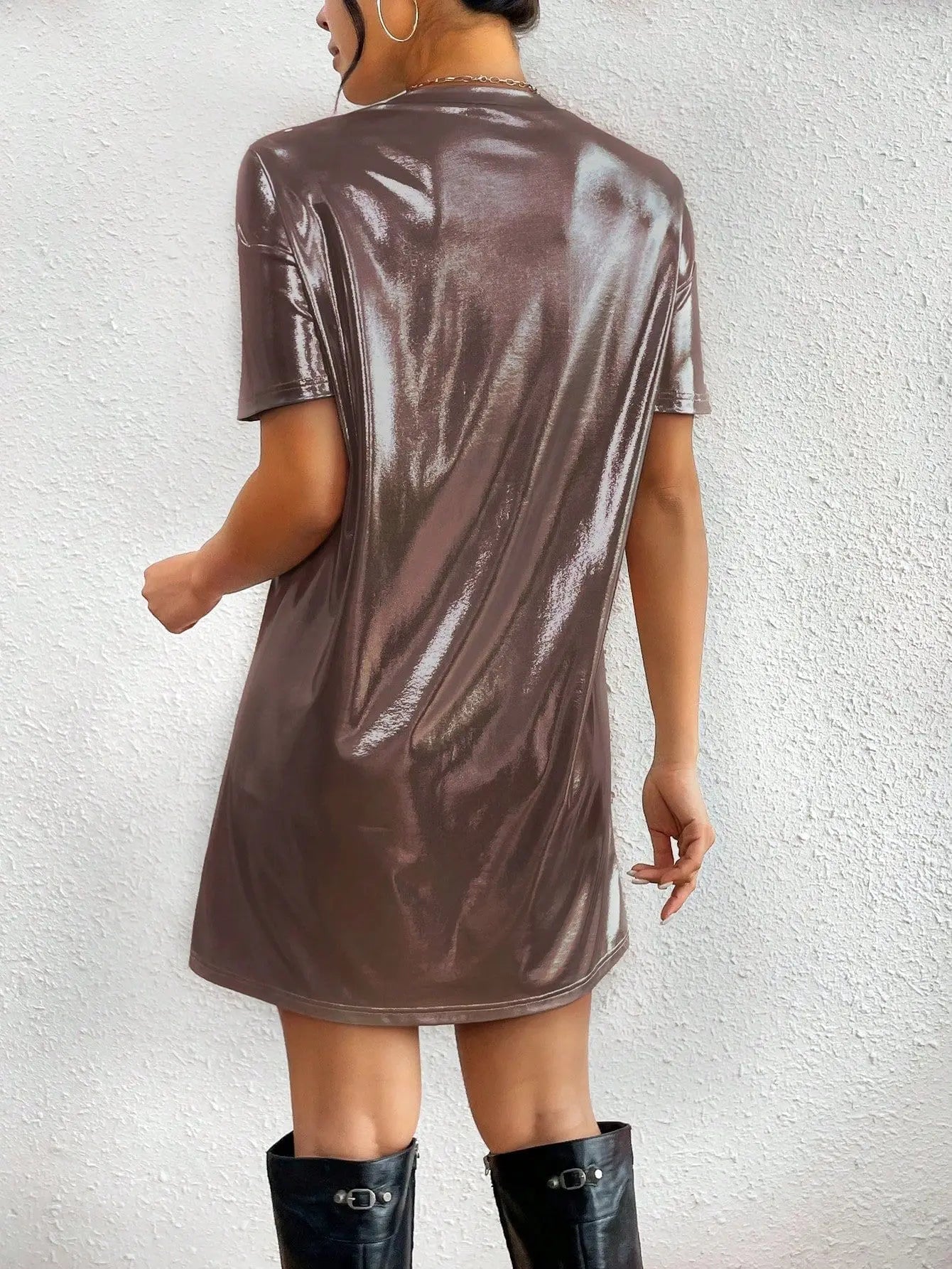 🍒Shiny t-shirt dress trendy o-neck outfit short-sleeved mini dress loose tee club wear party wear holiday wear beach party clothes Save Your Silvers keep Your Coppers