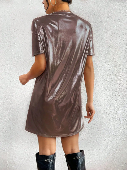 🍒Shiny t-shirt dress trendy o-neck outfit short-sleeved mini dress loose tee club wear party wear holiday wear beach party clothes Save Your Silvers keep Your Coppers