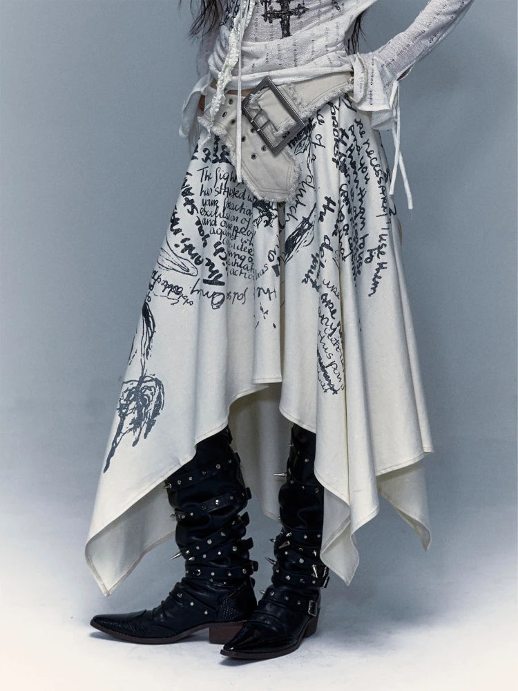 🍒Irregular letter print skirt shark bite skirt high waist long for women's y2k aesthetic vintage fashion streetwear Word On The Street These Are Cool Clothes