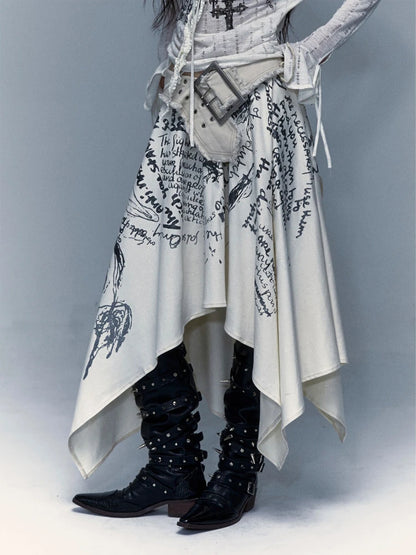 🍒Irregular letter print skirt shark bite skirt high waist long for women's y2k aesthetic vintage fashion streetwear Word On The Street These Are Cool Clothes