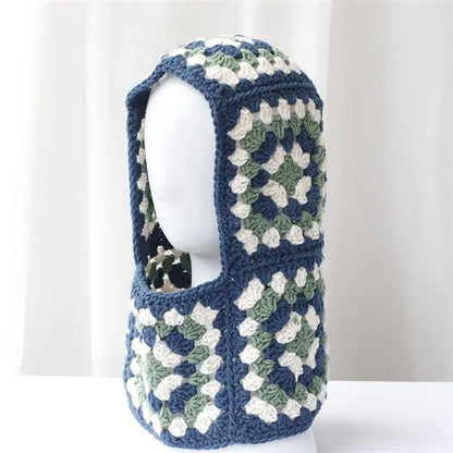 🍒Stylish balaclava hat for adults autumn winter knitted Hats for women handmade unique neck gaiter neck warmer retro knitwear fashion warm ear protection black and white grid hood KNIT this PEARL Into Your Hat Wardrobe