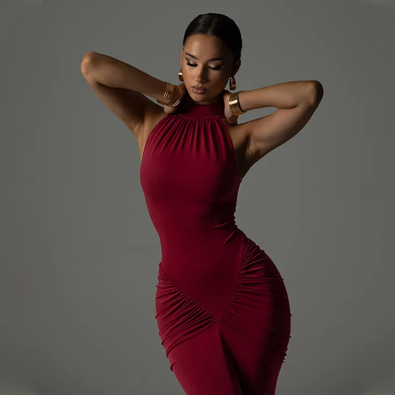 🍒Ahagaga Party Women's Maxi Dresses Sexy Solid Turtleneck Halter Sheath Folds Fashion Split Slim Fit Bodyson Sleeveless Vestidos