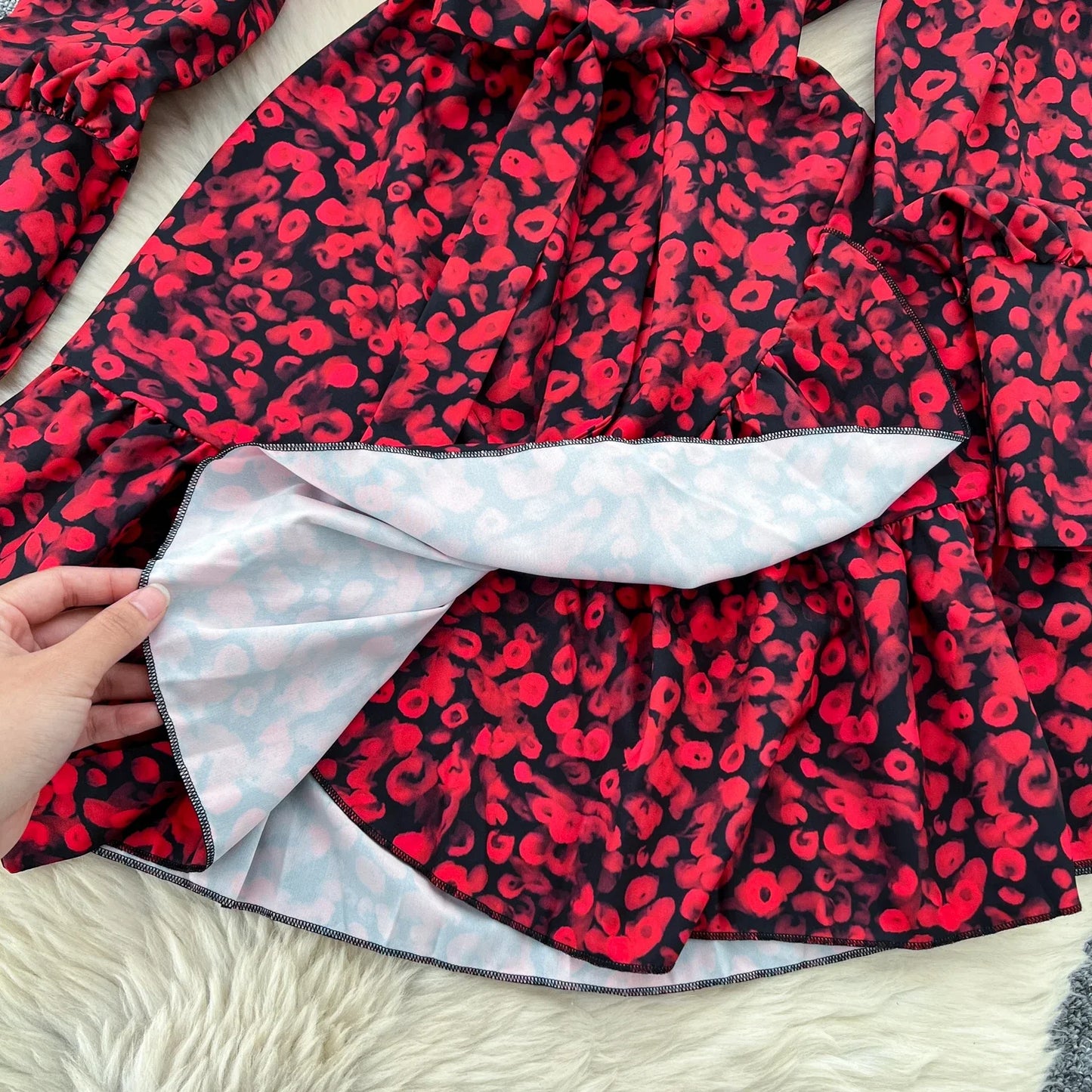 🍒V-neck lantern sleeve dress smat casual women elegant midi ruffle printed short dress french style evening wear chic spring outfits high street autumn fashion Don't Be Short On Minis