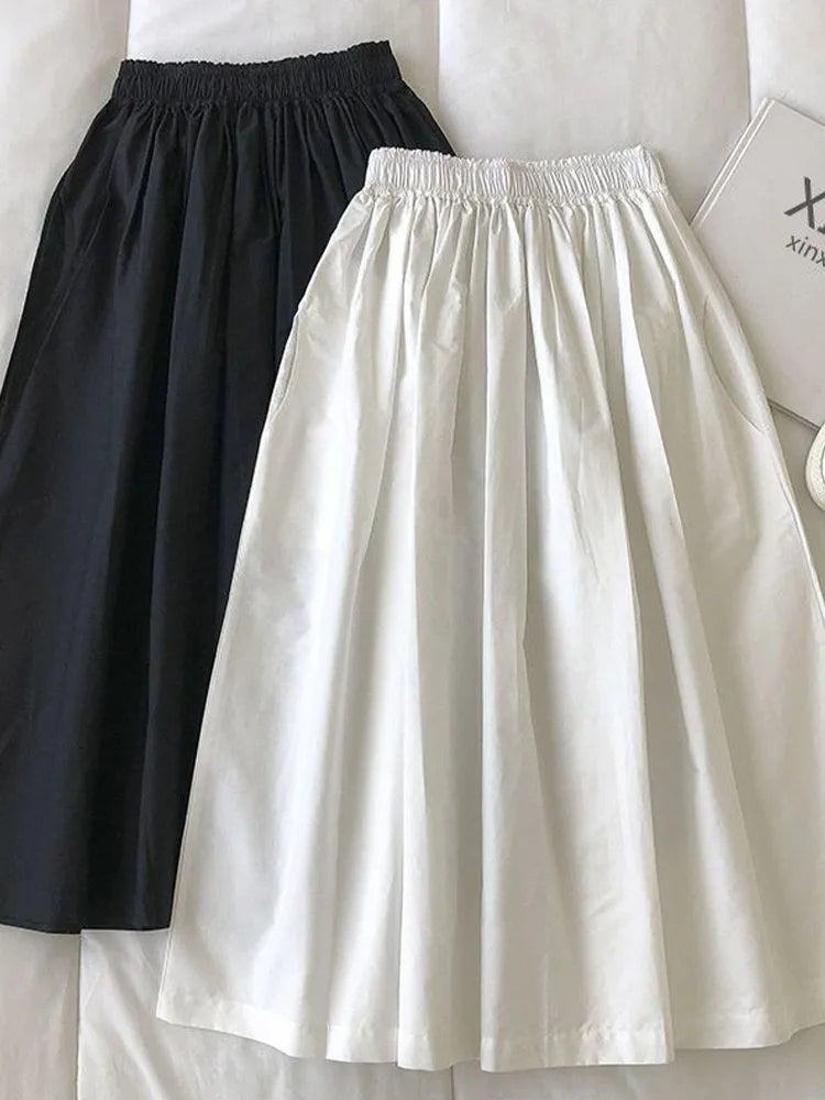 🍒Pleated knee length skirt with pockets womens white long skirt simple fashion summer wear smart casual clothing everday essensial wear every day wear elegant high waist a-line female skirt outfit Simply Easy