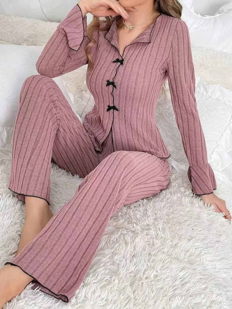🍒Two-piece loungewear sleepwear set women suitable for homewear clothes smart casual fashion leisure outerwear Make A Bee-line For This Bow Line