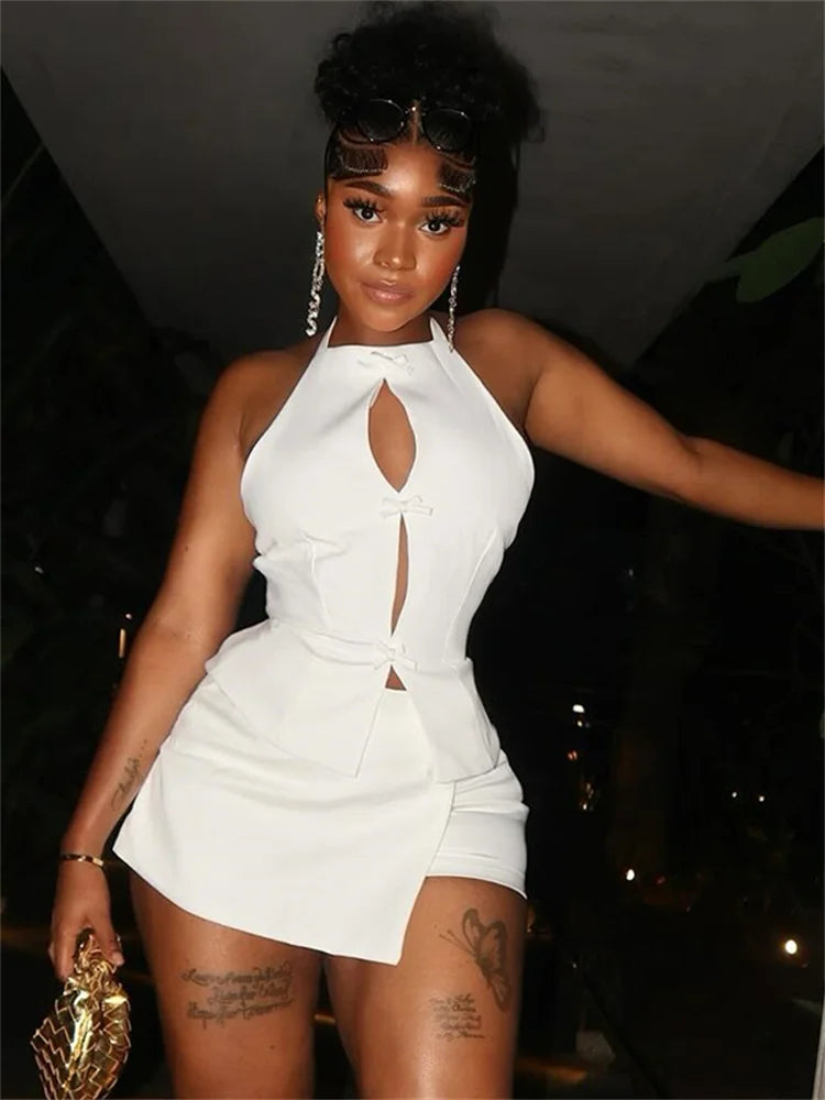 🍒Fashion two piece set night club clothes trend halter hollow bow front tops for women backless top + asymetric mini skirt hot girl party wear club wear occasion clothing