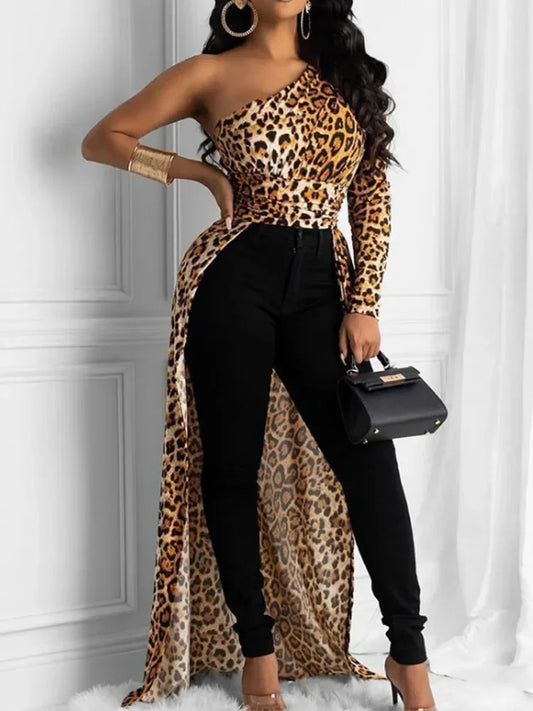 🍒One shoulder dip hem tops womens long sleeve one shoulder blouse design asymmetrical casual blouses leopard print fashion smart casual clothing Shake Your Tail Feathers