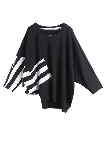 🍒Black and white striped t-shirts Womens baggy black tee with design Irregular big size casual top round neck long Sleeve Fashion wear for spring autumn Get Black To Stripes