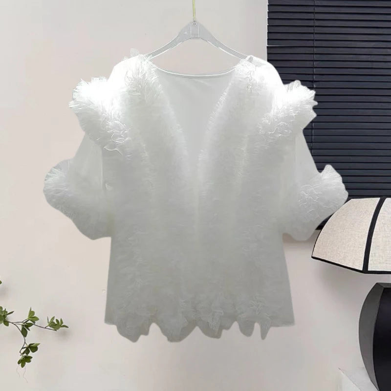 🍒 Mesh ruffle blouse solid color spring summer shirts women elegant fancy occasion tops sweet party fashion vintage clothing v- neck Fluff up In A Ruffy Fluffy