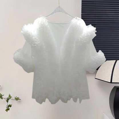 🍒 Mesh ruffle blouse solid color spring summer shirts women elegant fancy occasion tops sweet party fashion vintage clothing v- neck Fluff up In A Ruffy Fluffy