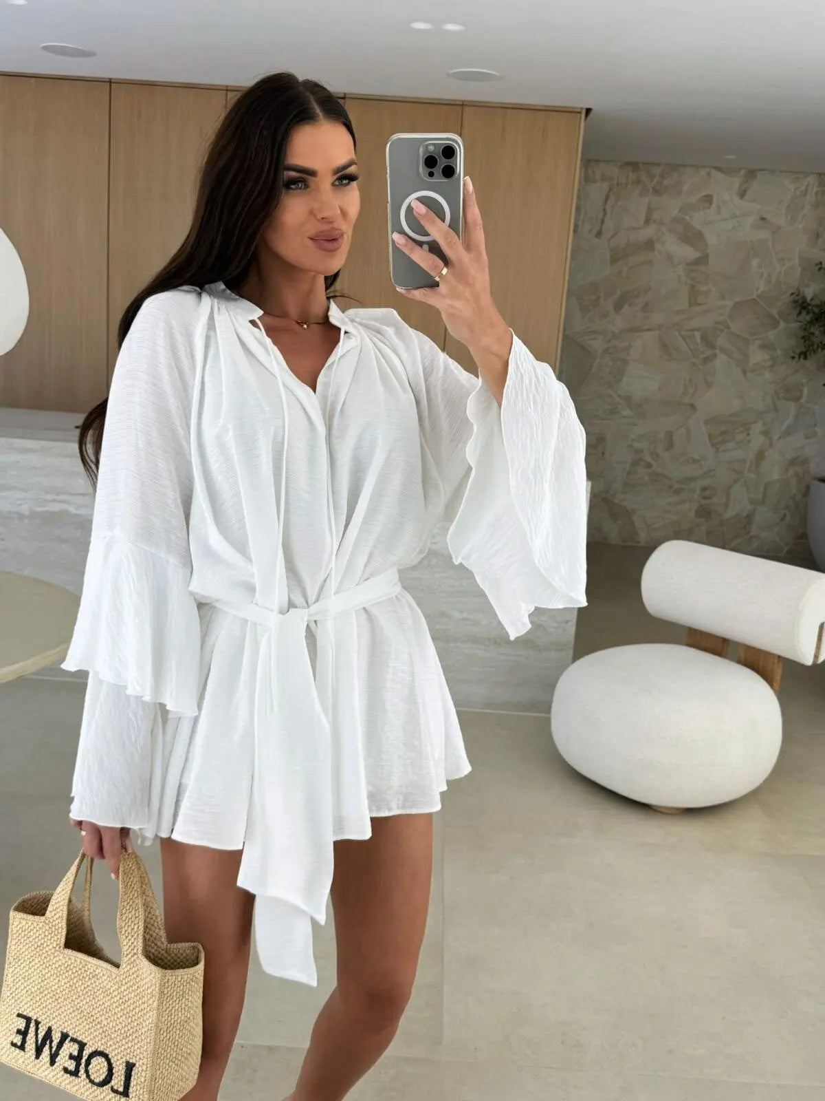 🍒Elegant fold dress women brown deep v-neck long sleeve mini dress female spring summer loose fashion clothes party occasion wear Blouse Up In  a Dress