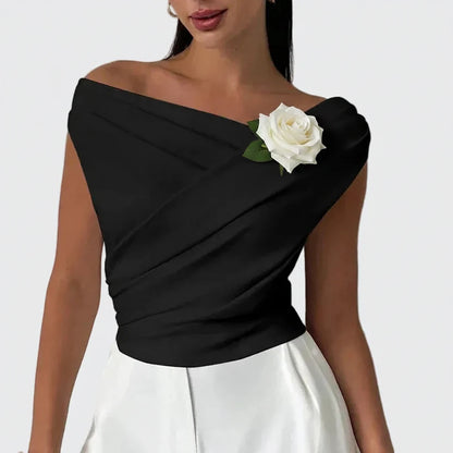🍒Fashion office wear female slash neck top sleeveless one shoulder top for women elegant summer shirt white black off shoulder top holiday wear blouses smart casual vacation clothes Make No Mistake Close This Drape
