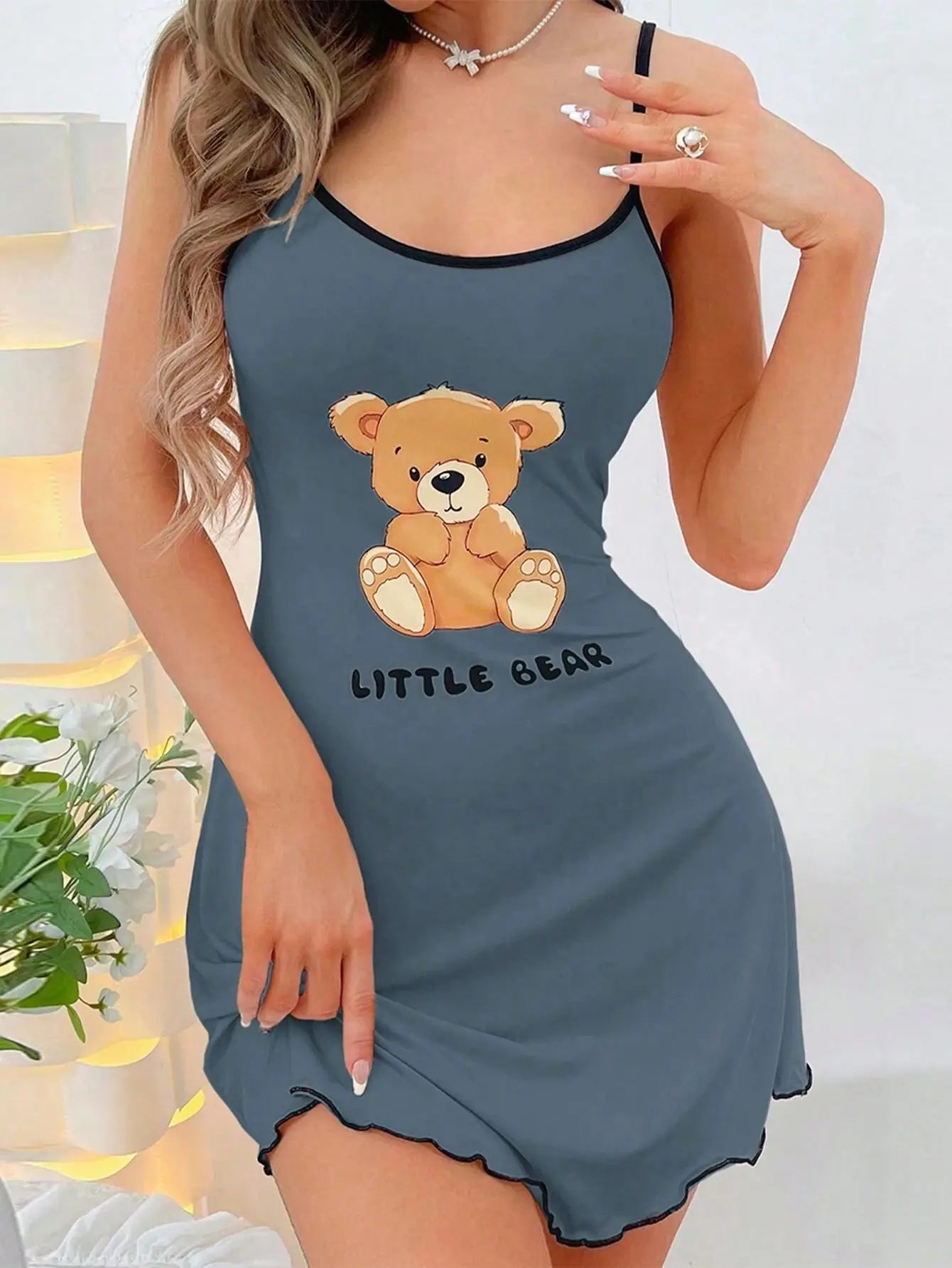 🍒spaghetti straps sleep dress nightwear fashion letter and bear print sleeveless flounce lettuce hem comfortable loungewear clothes for home mini dress holiday  Wear Your Bear