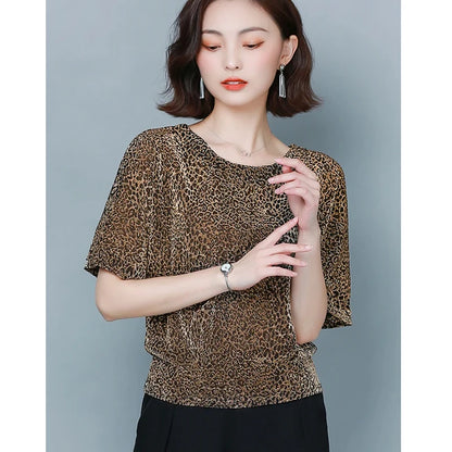 🍒Short sleeve womens blouses o-neck shirt smart casual women leopard print party top with elasticated waist office shirts Simple Vintage style clothing Simple Style Statement
