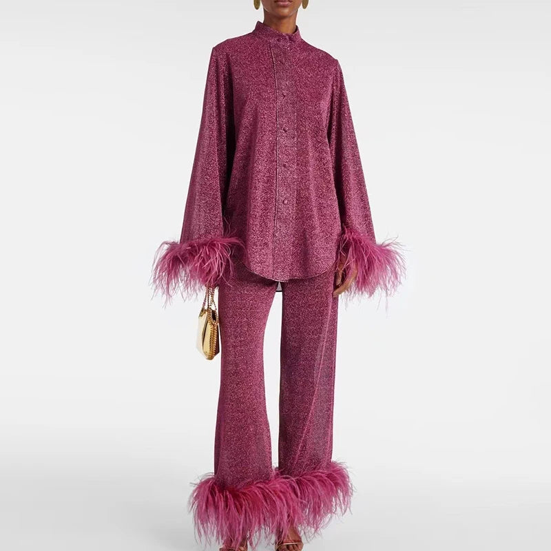 🍒Women's stand collar long sleeve blouse and pant set suit with feather trim elegant glitter button up shirt and trousers solid outfits autumn fashion party set occasion wear Tuck Turkey In Your Trolly Totally
