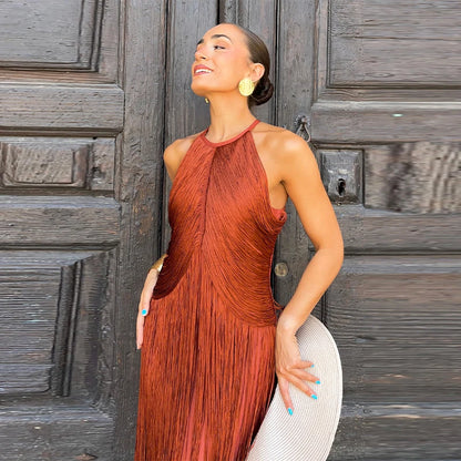 🍒Multi-layer tassel dress women's solid o-neck sleeveless cocktail dress elegant female fashion ball party outfit occasion wear club wear holiday beach party wear No Tossle Tassle