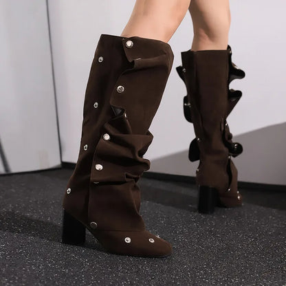 🍒Denim boots for Women blue multi snap-fastener pleated shoes with zip wide calf length boots winter footwear Cute Cowboy