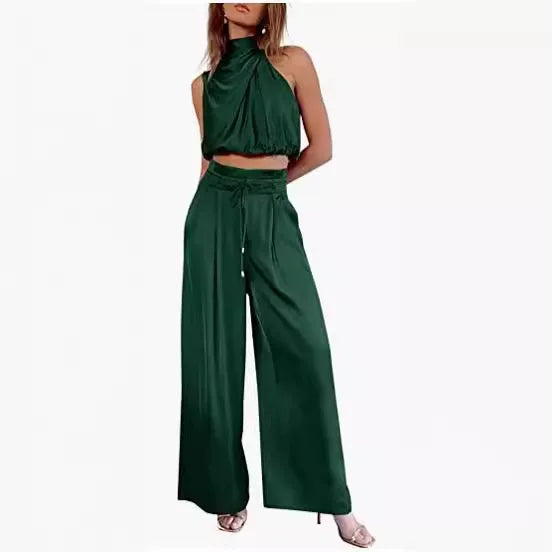 🍒Two piece pant sets for women open navel outfit silky sleeveless tops and wide leg trousers smart casual clothing summer fashion wear club wear party occasion wear 2 piece Sets pop this CROP and get SET for WIDE approval