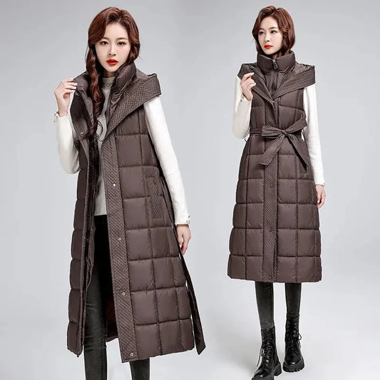 🍒Sleeveless down coat womens lomg outerwear vest autumn winter coat hooded long Jacket down filled waistcoat female winter fashion Get Down With Puffers