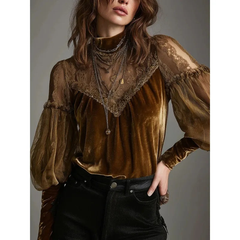 🍒Velvet shirt for women fashion long-sleeve turtleneck chiffon top vintage blouses for ladies retro puff sleeves mesh tops occassion partywear clothimg CHIFFON To Vint-ricate Vibing VELVET