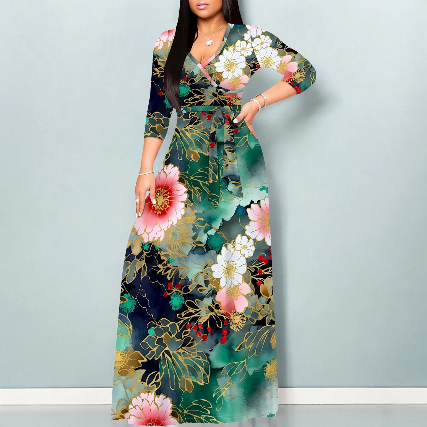 🍒Womens plus size maxi dresses boho print 3/4 sleeves outfit for smart casual beachwear party clothes swing style with belt Girl Power Flower