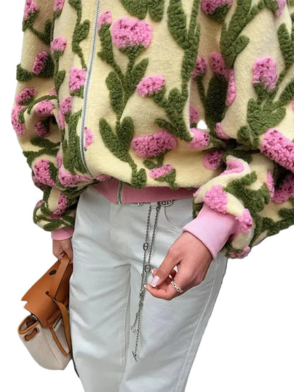 🍒Floral fleece bomber jacket women smart casual elegant stand collar bomber embroidery long sleeve zip up short coat spring outerwear 3D clothing  Fab Fleece Flowery Fashion Fun