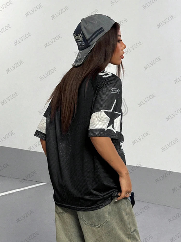 🍒Summer print t-shirt v-neck patchwork short sleeve sports top for women football Jersey y2k loose oversized tops  have a BALL with BASEic-ies