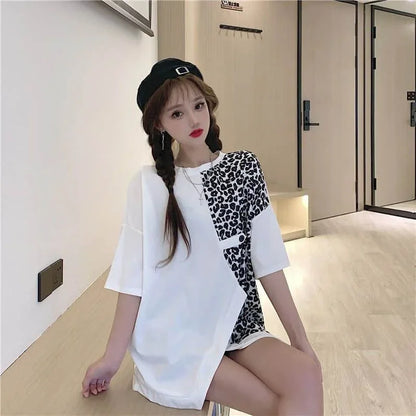 🍒Leopard patchwork t-shirt for women short-sleeved top loose  top shirt female fashion clothing  women casual clothes Print Animal Style