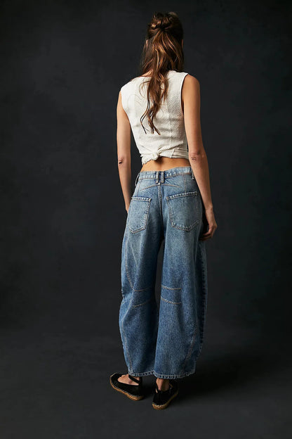 🍒Loose mid waist Jeans bleached denim style full length pants fashion solid colour trousers with pockets casual wear for women Barrels Of Style