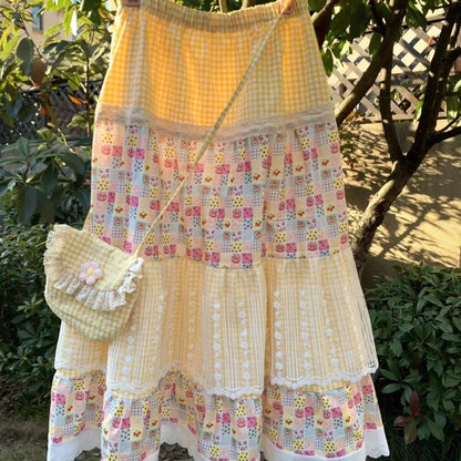🍒Patch work gypsy skirt sweet girl fashion floral print tiered skirt lace outfit womens elastic waist skirts a-line fashion feminine summer clothes holiday wear Sun In Your Sunny