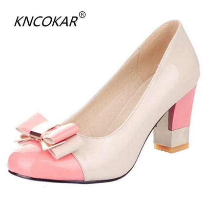 🍒Colour block heels women's thick high shoes with bow on them pastel footwear for occasion party pumps pink and others Size 34-43 Treat Your Self To These Sweets