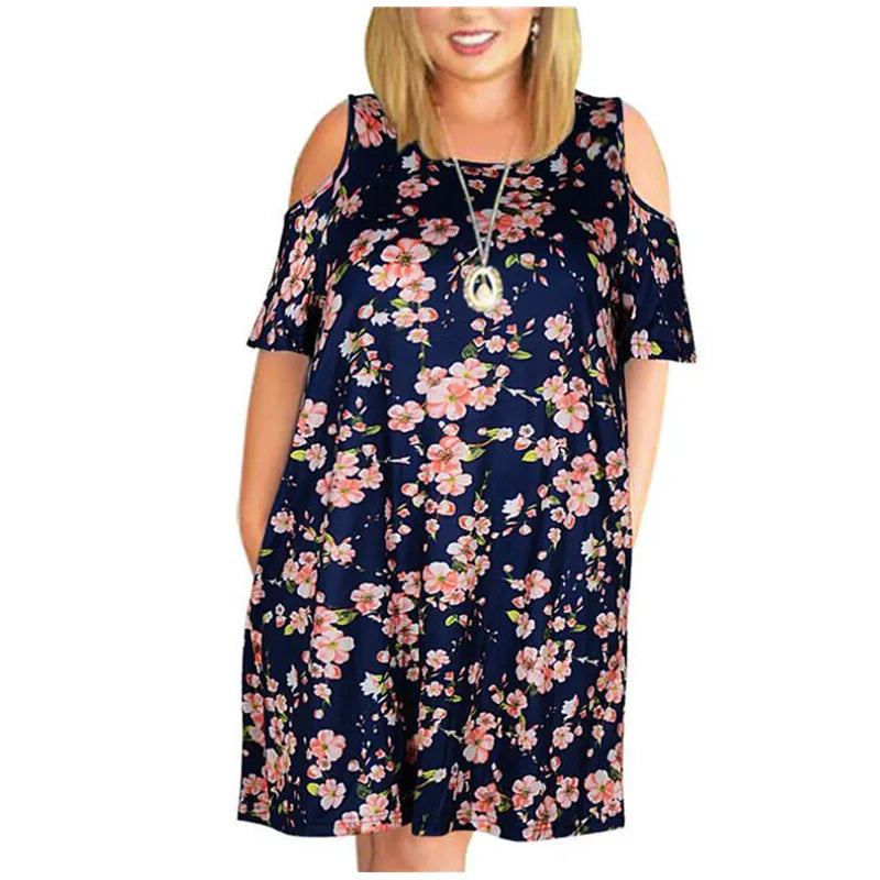 🍒Floral print dress elegant party dresses for women smart casual plus size clothing cold shoulder floral fashion retro short sleeve summer dress Get Beachy Vibes In A Cold Shoulder