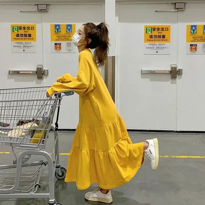 🍒Oversized dress solid color loose outfit long sleeve maxi fashion for women o-neck a-line outfits casual wear Feel Good Tiers Of Joy
