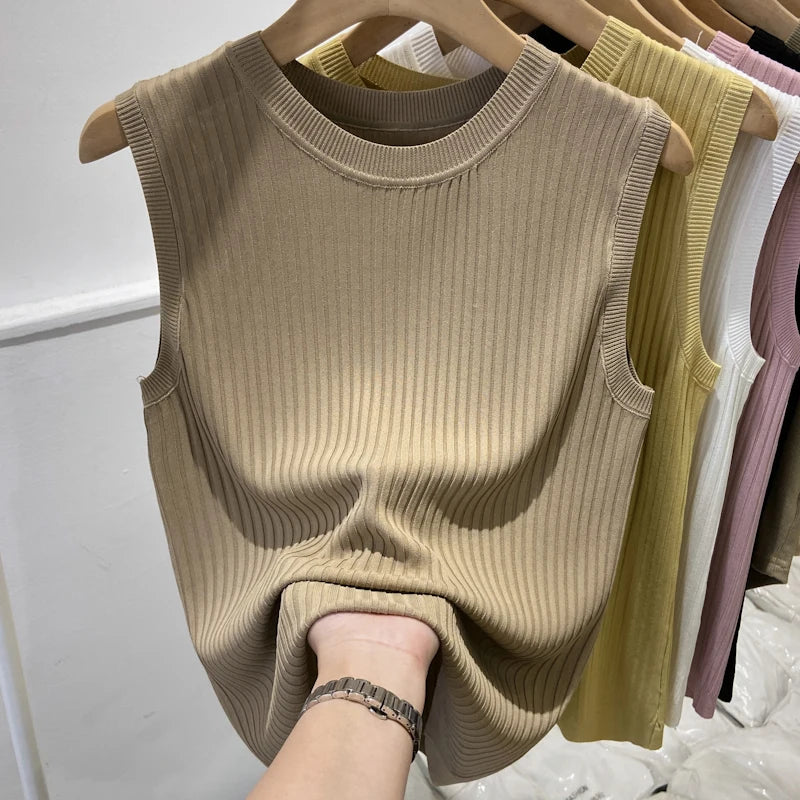 🍒Womens knitted tank tops fine knit vest summer wear for women  o-neck sleeveless t-shirt casual clothing Tank Up Your Tops