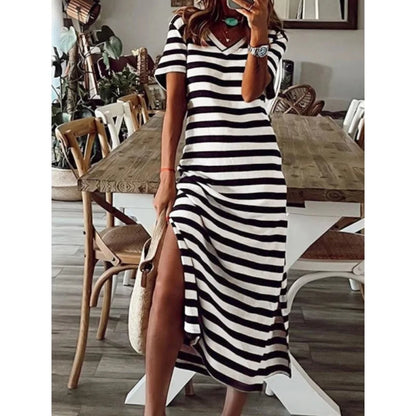 🍒Women's v-neck long dress stripes print fashion dailywear outdoor loose short sleeve dresse spring summer casual wear Like A Stripe