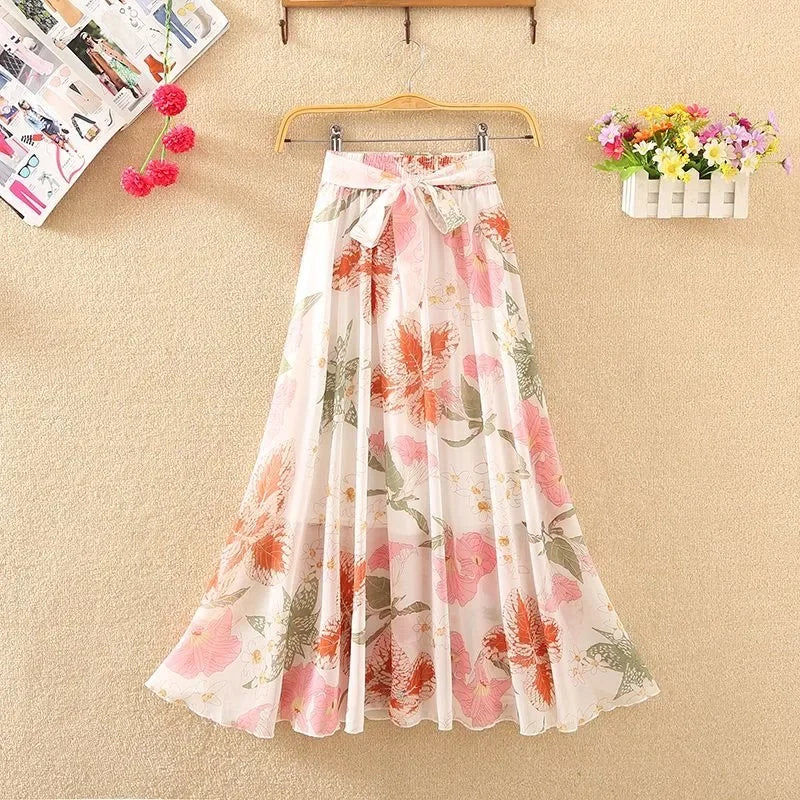 🍒Chiffon a-line skirt high waist long smart casual women trend modest vintage clothing quality fashion wear Floor-all With This Floral