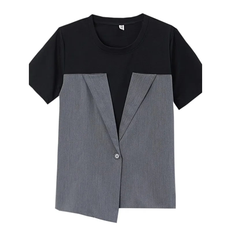 🍒Fake two-piece t-shirt short-sleeved tee womens oversized summer t-shirt high-end design blazer tops Jacket A T-Shirt Jacket