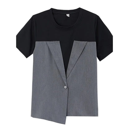 🍒Fake two-piece t-shirt short-sleeved tee womens oversized summer t-shirt high-end design blazer tops Jacket A T-Shirt Jacket