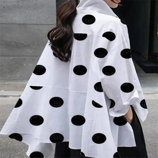 🍒Long sleeve polka dot shirt cotton Button Up high low blouse designer style clothing holiday wear chic fashion wear for women black and white fashion Delightful Dots